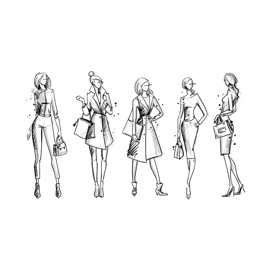 A sketch graphic of 5 different women with different wardrobes on.